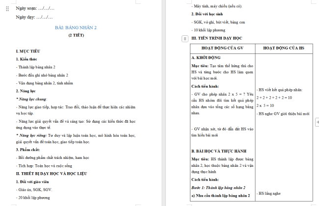 Giáo án Toán 2: Bảng nhân 2
