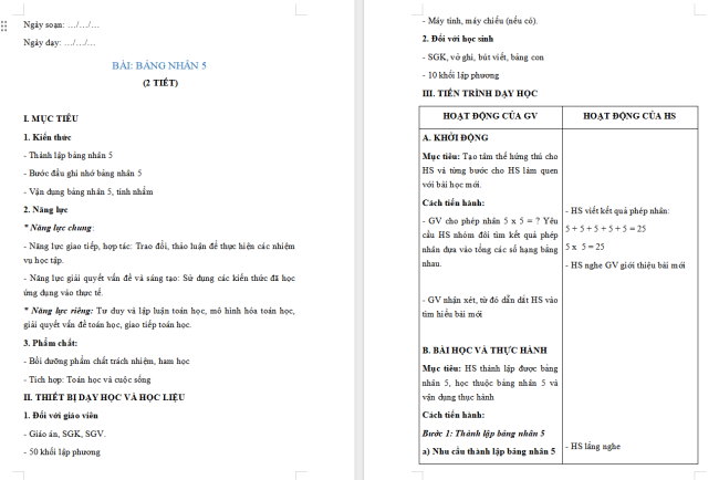 Giáo án Toán 2: Bảng nhân 5