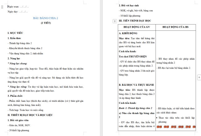 Giáo án Toán 2: Bảng chia 2