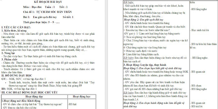 Giáo án Đạo đức 1 Bài 1: Em giữ sạch đôi tay