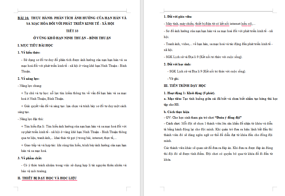 Thực hành Phân tích ảnh hưởng của hạn hán và sa mạc hoá đối với phát triển kinh tế xã hội ở vùng khô hạn Ninh Thuận Bình Thuận