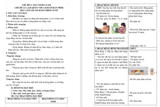 Giáo án Tin học 3 Bài 2: Em tập gõ hàng phím cơ sở