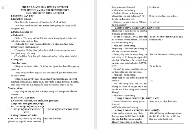 Giáo án Tin học 3 Bài 1: Thông tin trên Internet