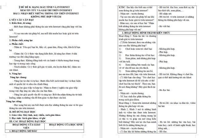Giáo án Tin học 3 Bài 2: Nhận biết những thông tin trên Internet không phù hợp với em