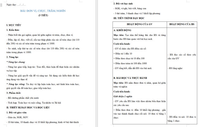 Giáo án Toán 2: Đơn vị, chục, trăm, nghìn