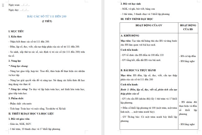 Giáo án Toán 2: Các số từ 111 đến 200