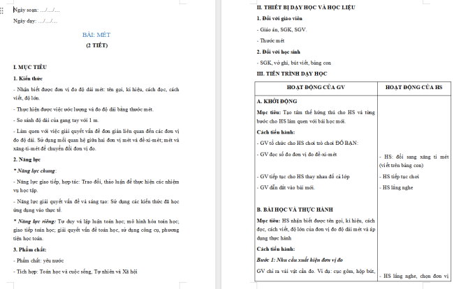 Giáo án Toán 2: Mét