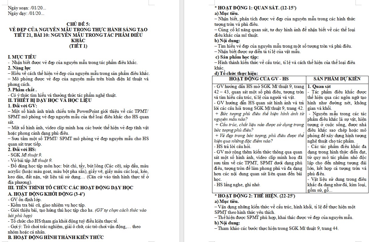 Kế hoạch bài dạy Mĩ thuật 9 KNTT Bài 10