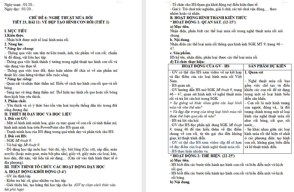 Kế hoạch bài dạy Mĩ thuật 9 KNTT Bài 11