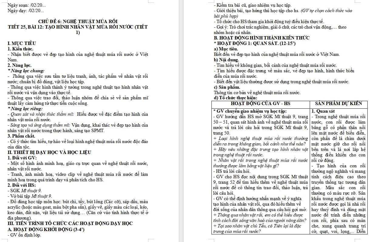 Kế hoạch bài dạy Mĩ thuật 9 KNTT Bài 12