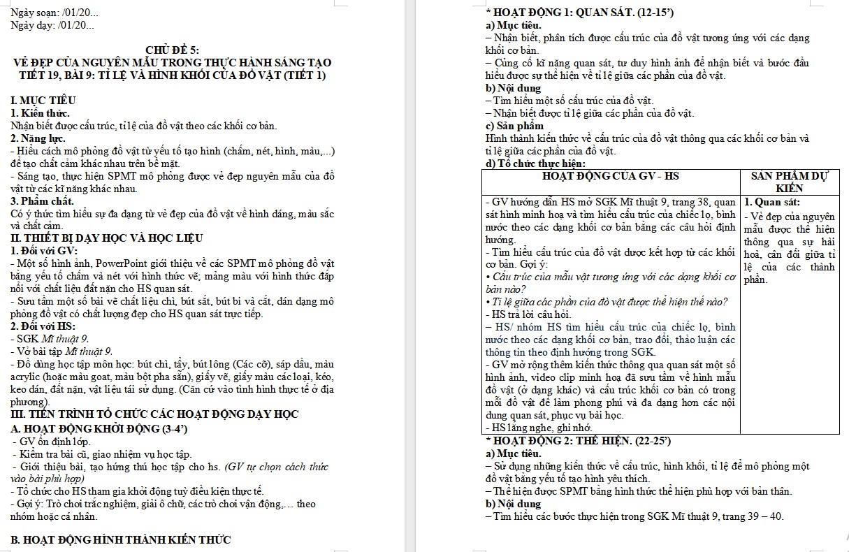 Kế hoạch bài dạy Mĩ thuật 9 KNTT Bài 9