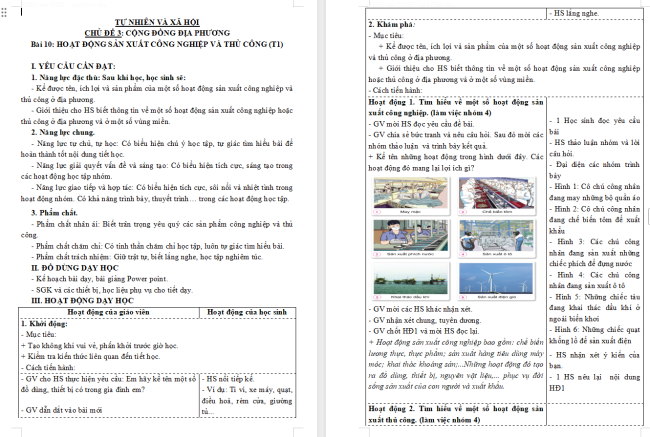 Giáo án Tự nhiên và xã hội 3 Bài 10: Hoạt động sản xuất công nghiệp và thủ công nghiệp