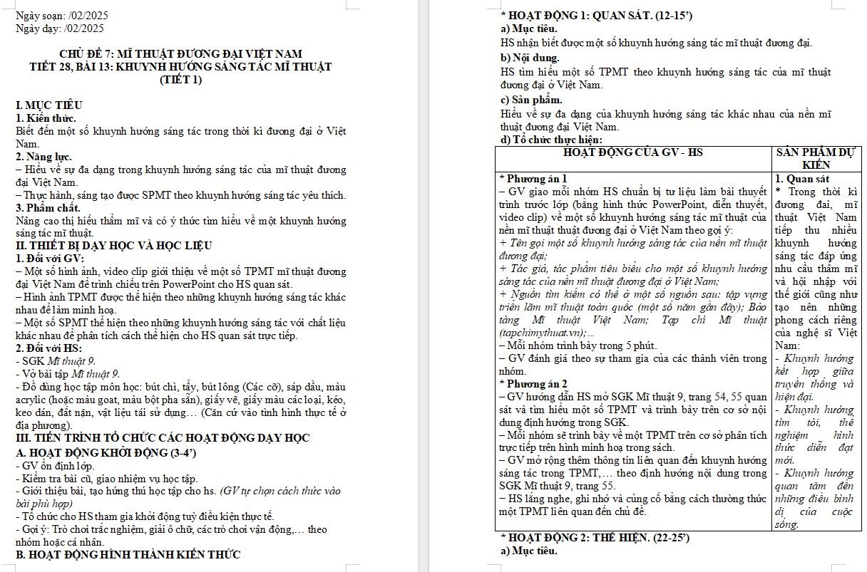 Kế hoạch bài dạy Mĩ thuật 9 KNTT Bài 13