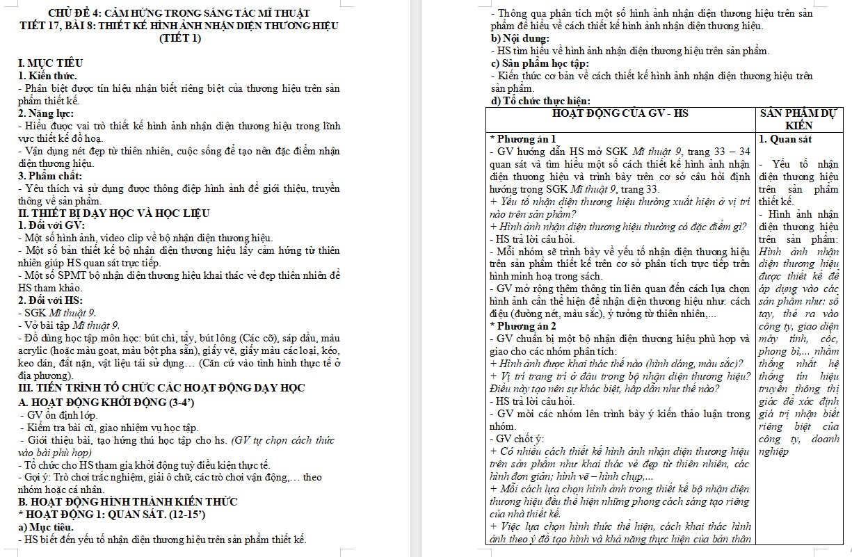 Kế hoạch bài dạy Mĩ thuật 9 KNTT Bài 8