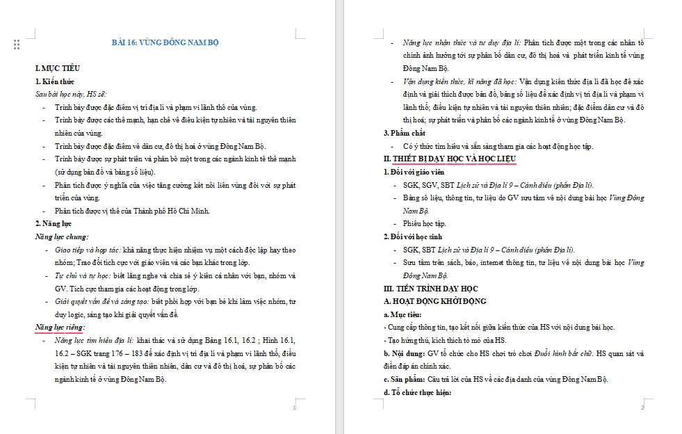 Giáo án Địa lí 9 Bài 16: Vùng Đông Nam Bộ