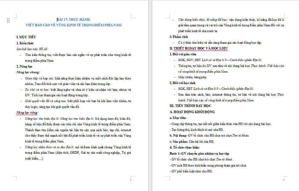Giáo án Địa lí 9 Bài 17: Thực hành Viết báo cáo về vùng kinh tế trọng điểm phía Nam
