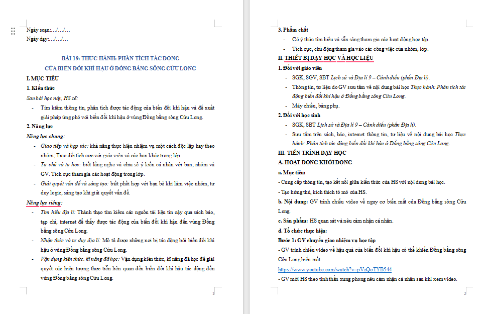 Giáo án Địa lí 9 Bài 19: Thực hành Phân tích tác động của biến đổi khí hậu ở Đồng bằng sông Cửu Long