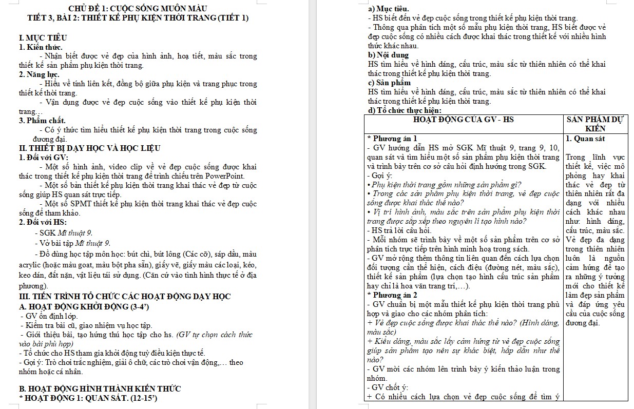 Kế hoạch bài dạy Mĩ thuật 9 KNTT Bài 2