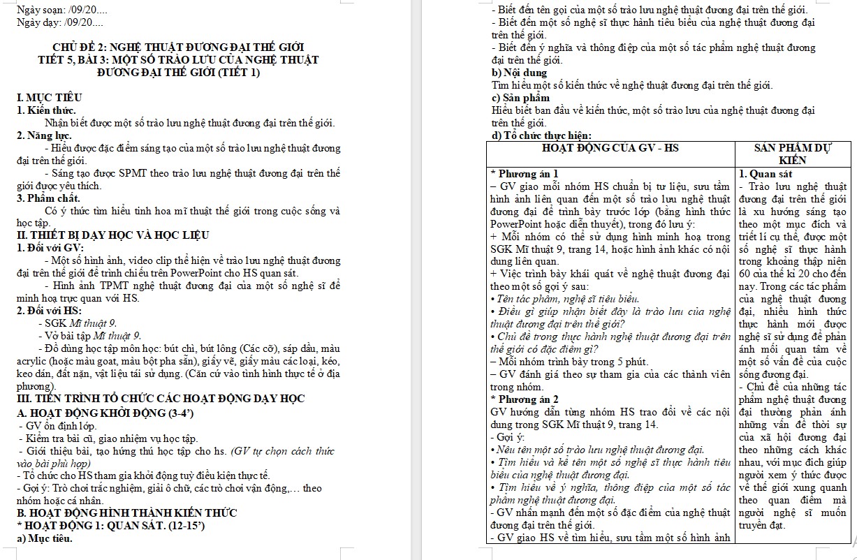 Kế hoạch bài dạy Mĩ thuật 9 KNTT Bài 3