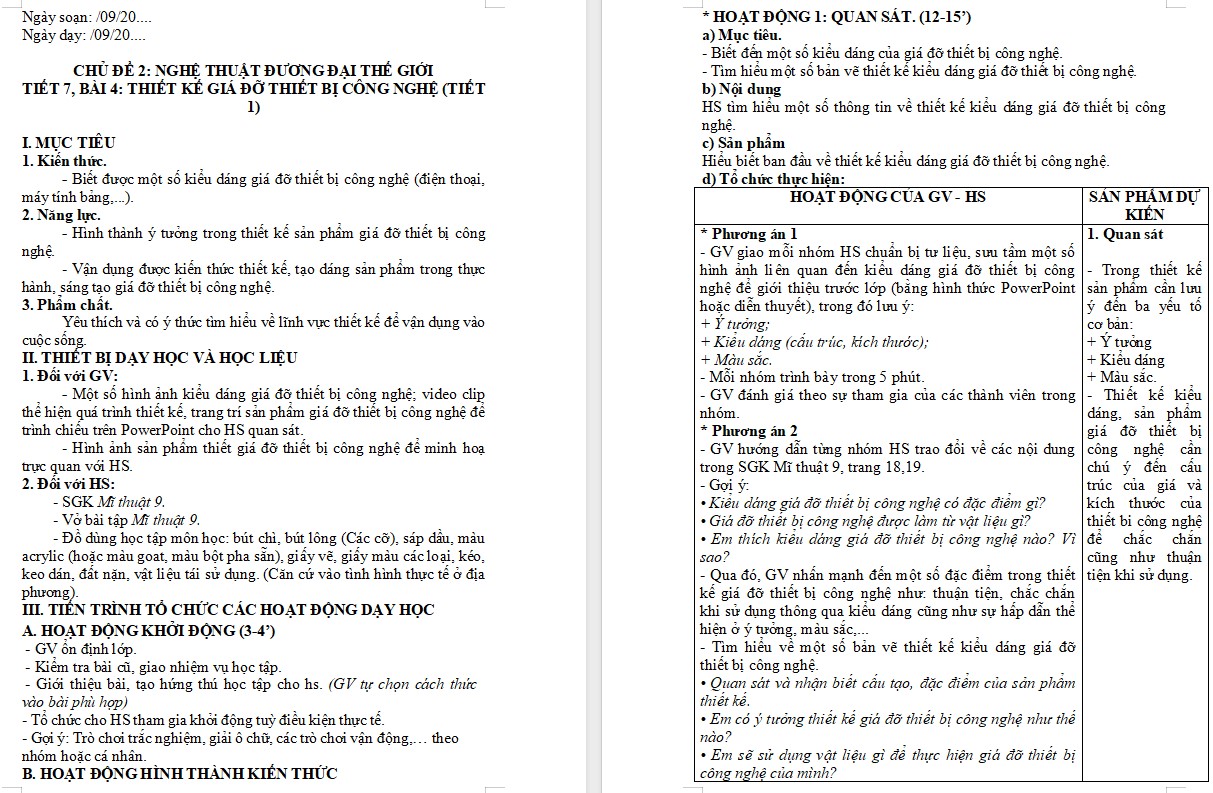 Kế hoạch bài dạy Mĩ thuật 9 KNTT Bài 4