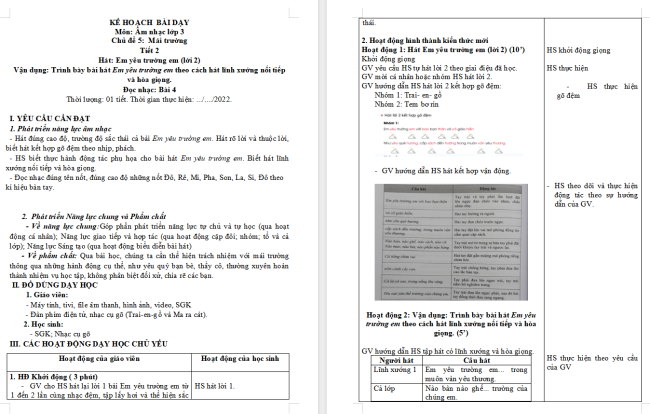 Giáo án Âm nhạc 3 Chủ đề 5 Tiết 2: Hát - Em yêu trường em (Lời 2)