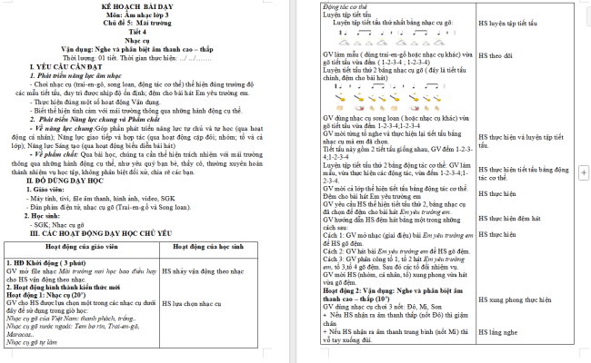 Giáo án Âm nhạc 3 Chủ đề 5 Tiết 4: Nhạc cụ. Vận dụng: Nghe và phân biệt âm thanh cao - thấp