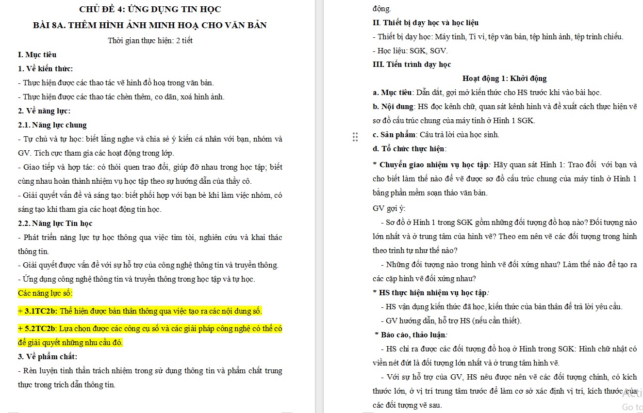 Giáo án bài 8A Tin học 8 Chân trời sáng tạo