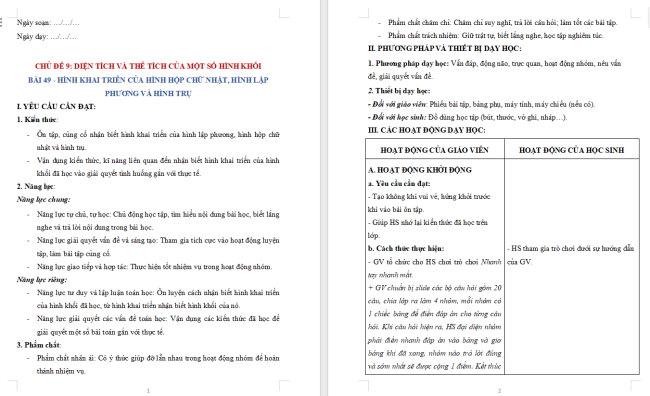 Giáo án dạy thêm Toán 5 Bài 49: Hình khai triển của hình lập phương, hình hộp chữ nhật và hình trụ