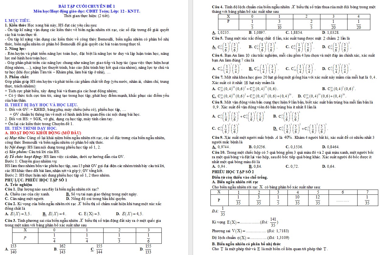 Giáo án Bài tập cuối chuyên đề 1 Toán 12 KNTT