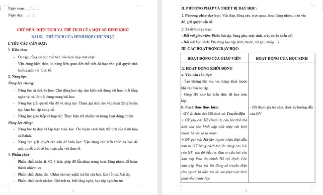 Giáo án dạy thêm Toán 5 Bài 52: Thể tích của hình hộp chữ nhật