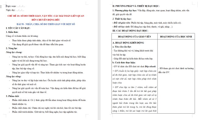 Giáo án dạy thêm Toán 5 Bài 58: Nhân, chia số đo thời gian với một số