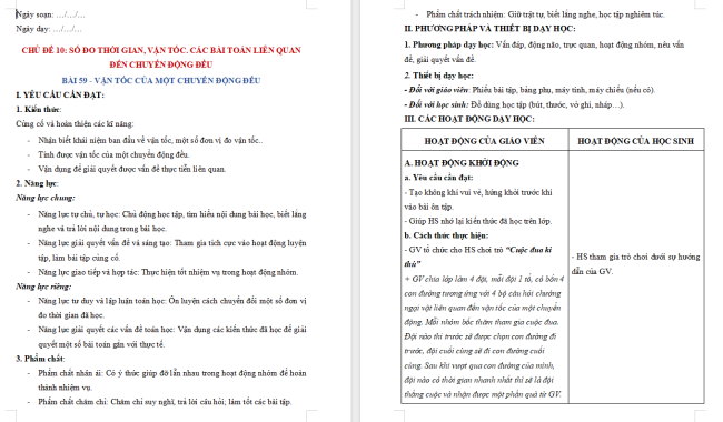 Giáo án dạy thêm Toán 5 Bài 59: Vận tốc của một chuyển động đều