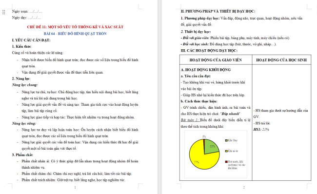 Giáo án dạy thêm Toán 5 Bài 64: Biểu đồ hình quạt tròn