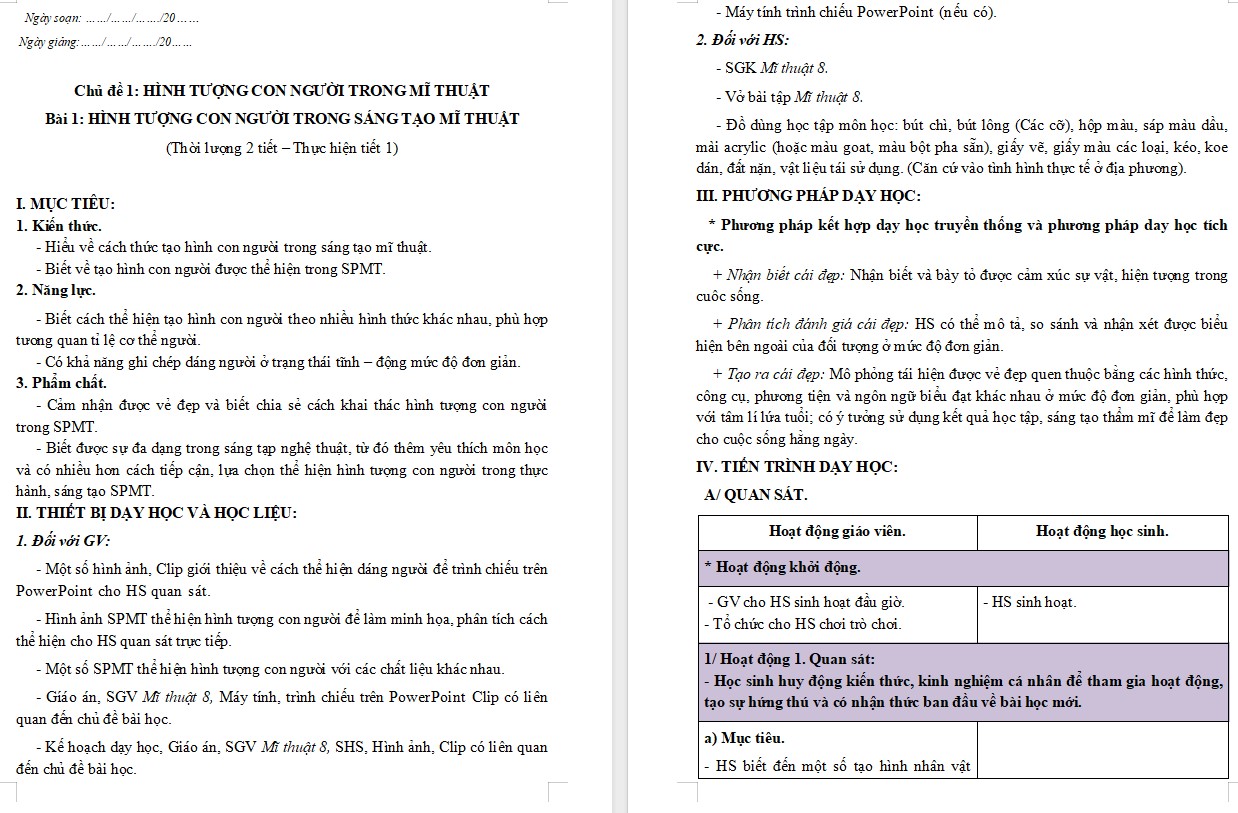 Kế hoạch bài dạy Mĩ thuật 8 KNTT Bài 1