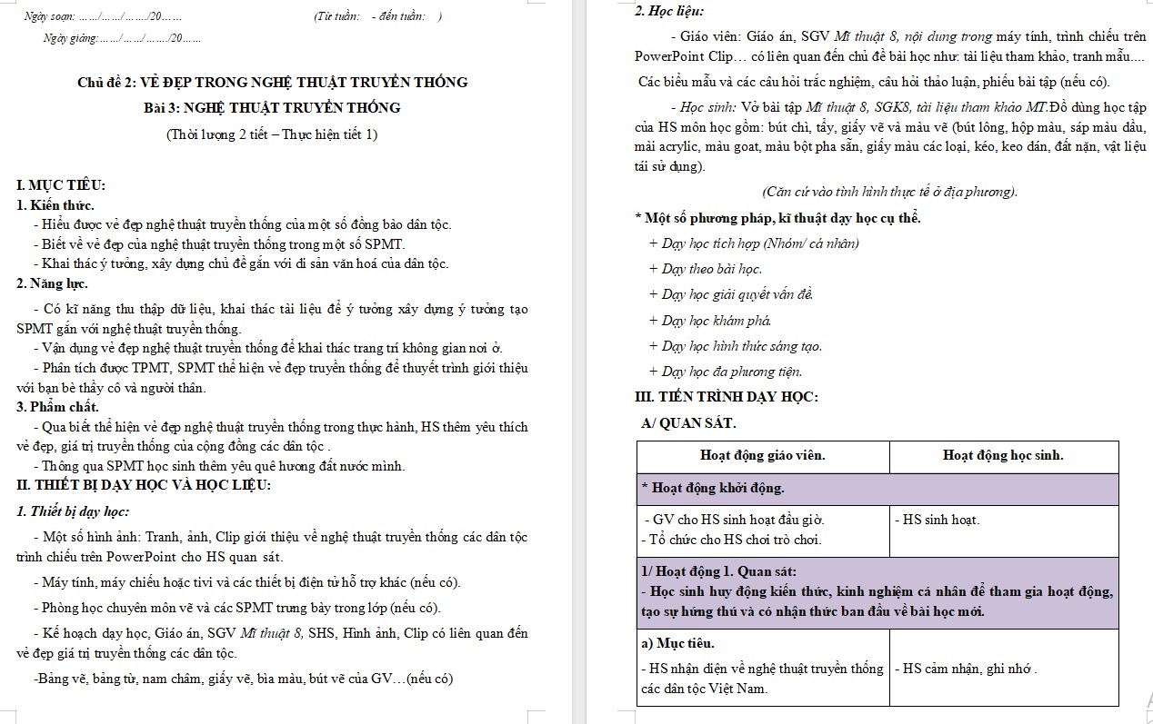 Kế hoạch bài dạy Mĩ thuật 8 KNTT Bài 3