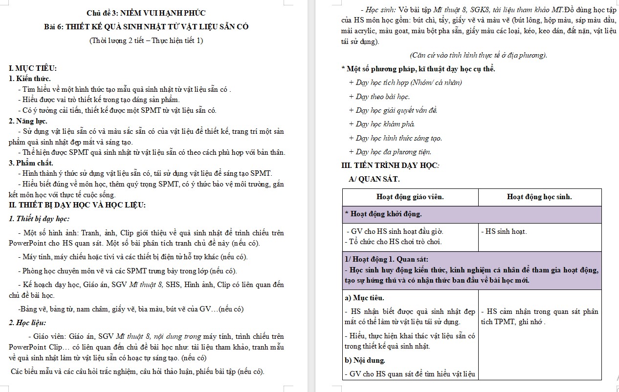 Kế hoạch bài dạy Mĩ thuật 8 KNTT Bài 6