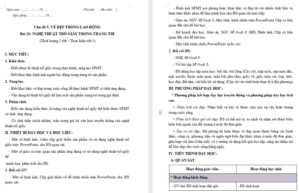 Kế hoạch bài dạy Mĩ thuật 8 KNTT Bài 10