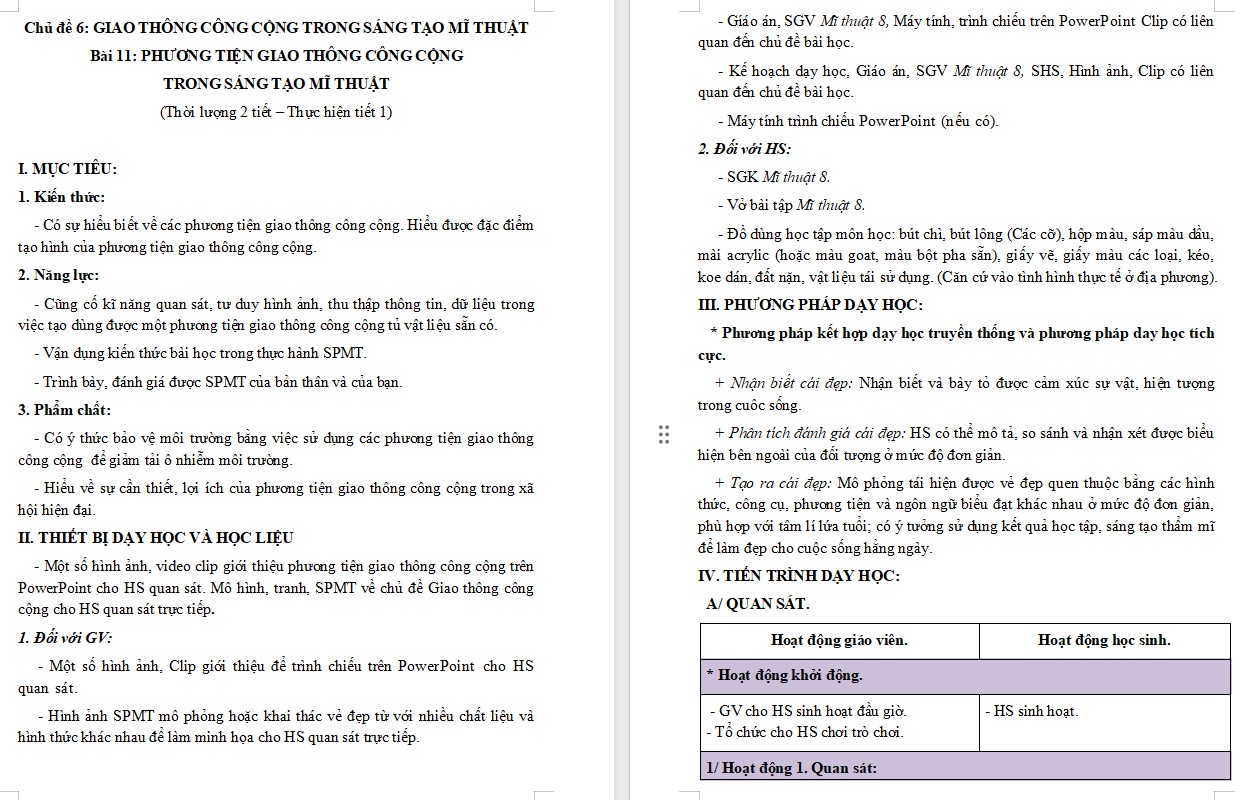 Kế hoạch bài dạy Mĩ thuật 8 KNTT Bài 11