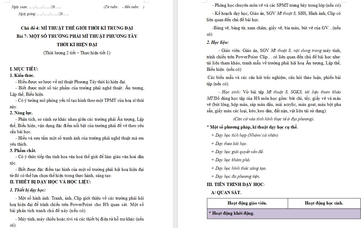 Kế hoạch bài dạy Mĩ thuật 8 KNTT Bài 7