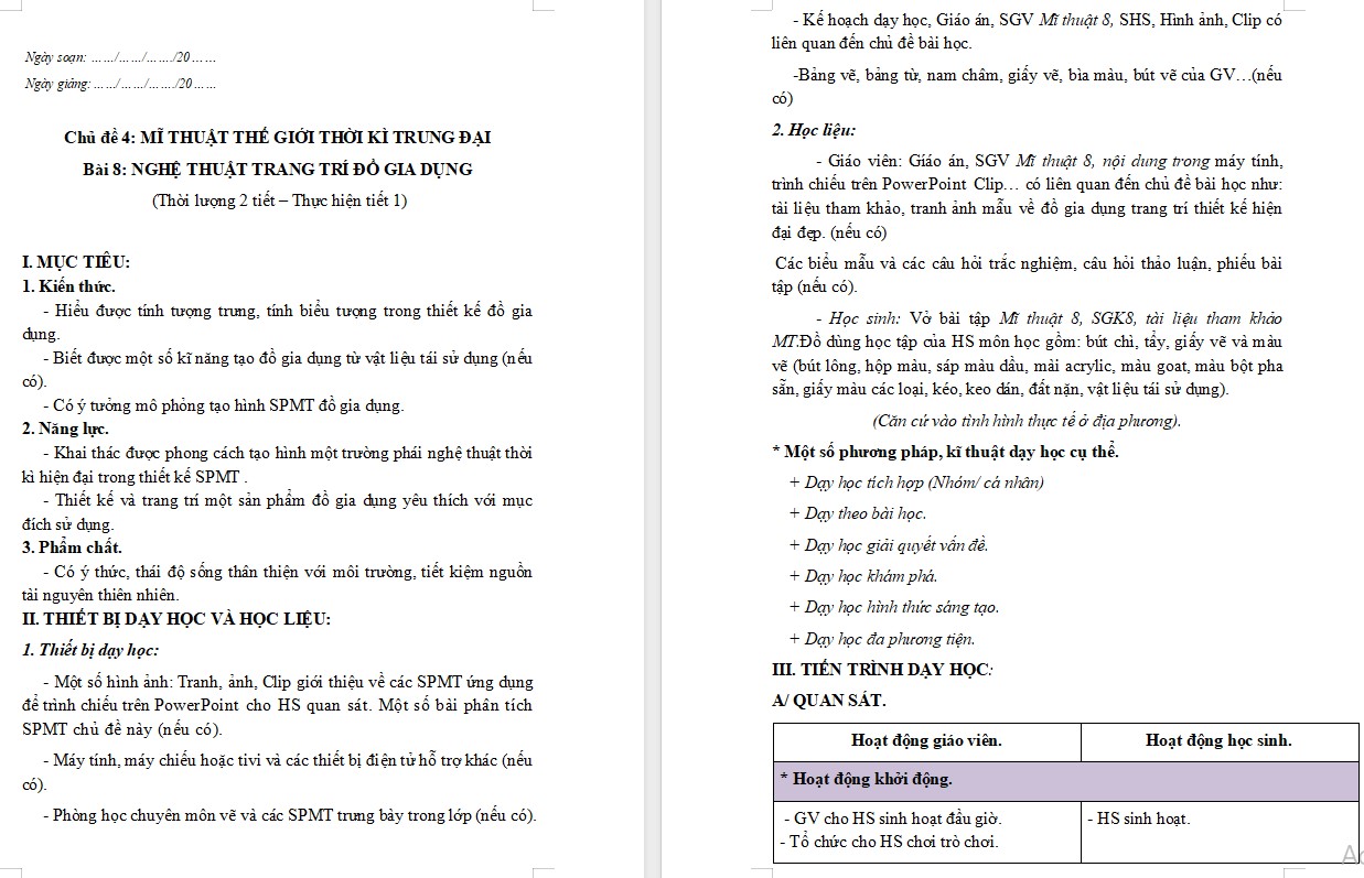 Kế hoạch bài dạy Mĩ thuật 8 KNTT Bài 8