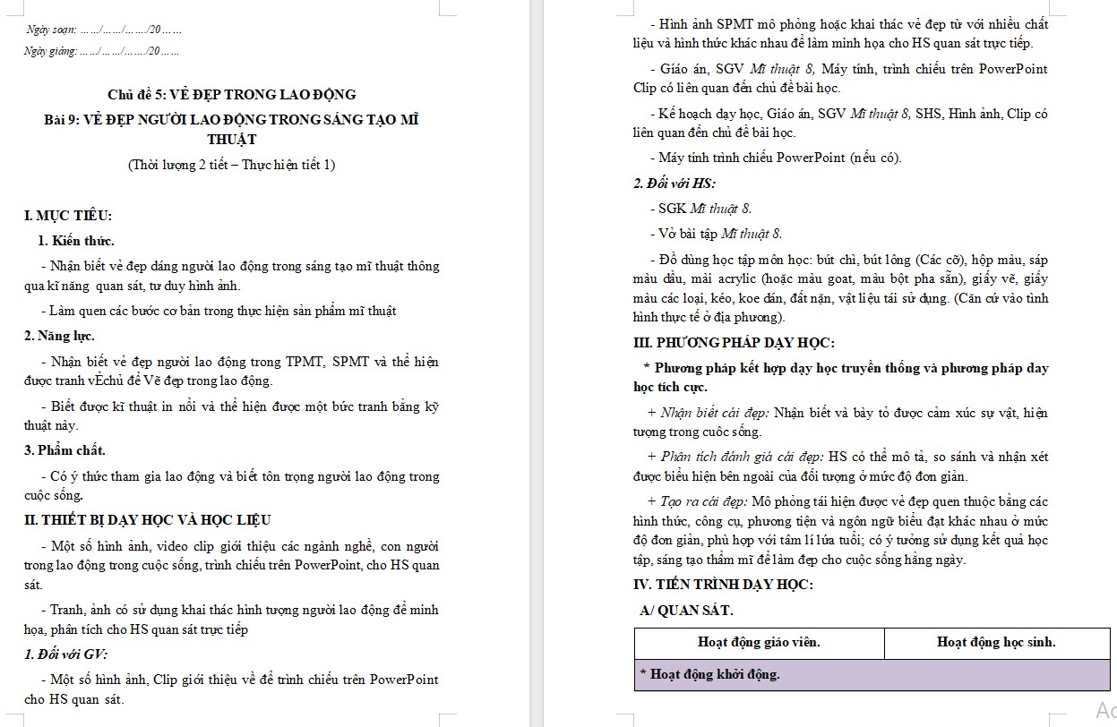 Kế hoạch bài dạy Mĩ thuật 8 KNTT Bài 9