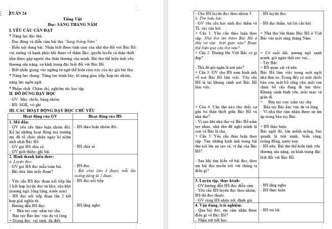 Giáo án Tiếng Việt 4 Bài 11: Sáng tháng năm