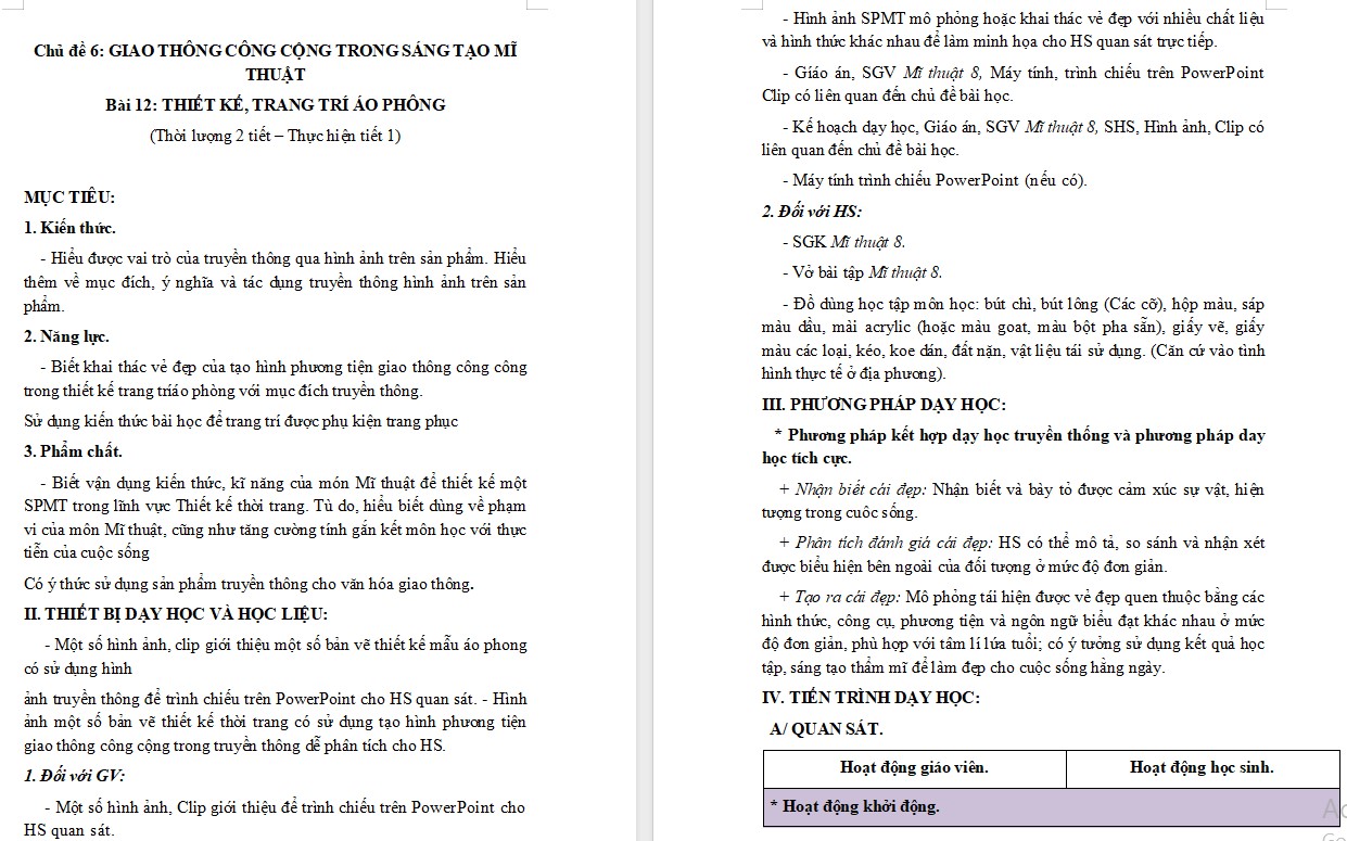 Kế hoạch bài dạy Mĩ thuật 8 KNTT Bài 12