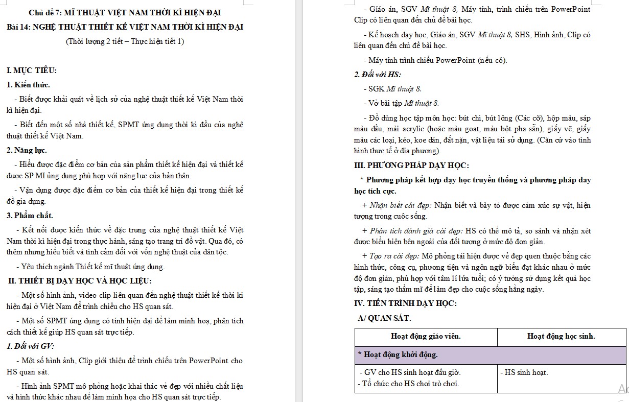 Kế hoạch bài dạy Mĩ thuật 8 KNTT Bài 14