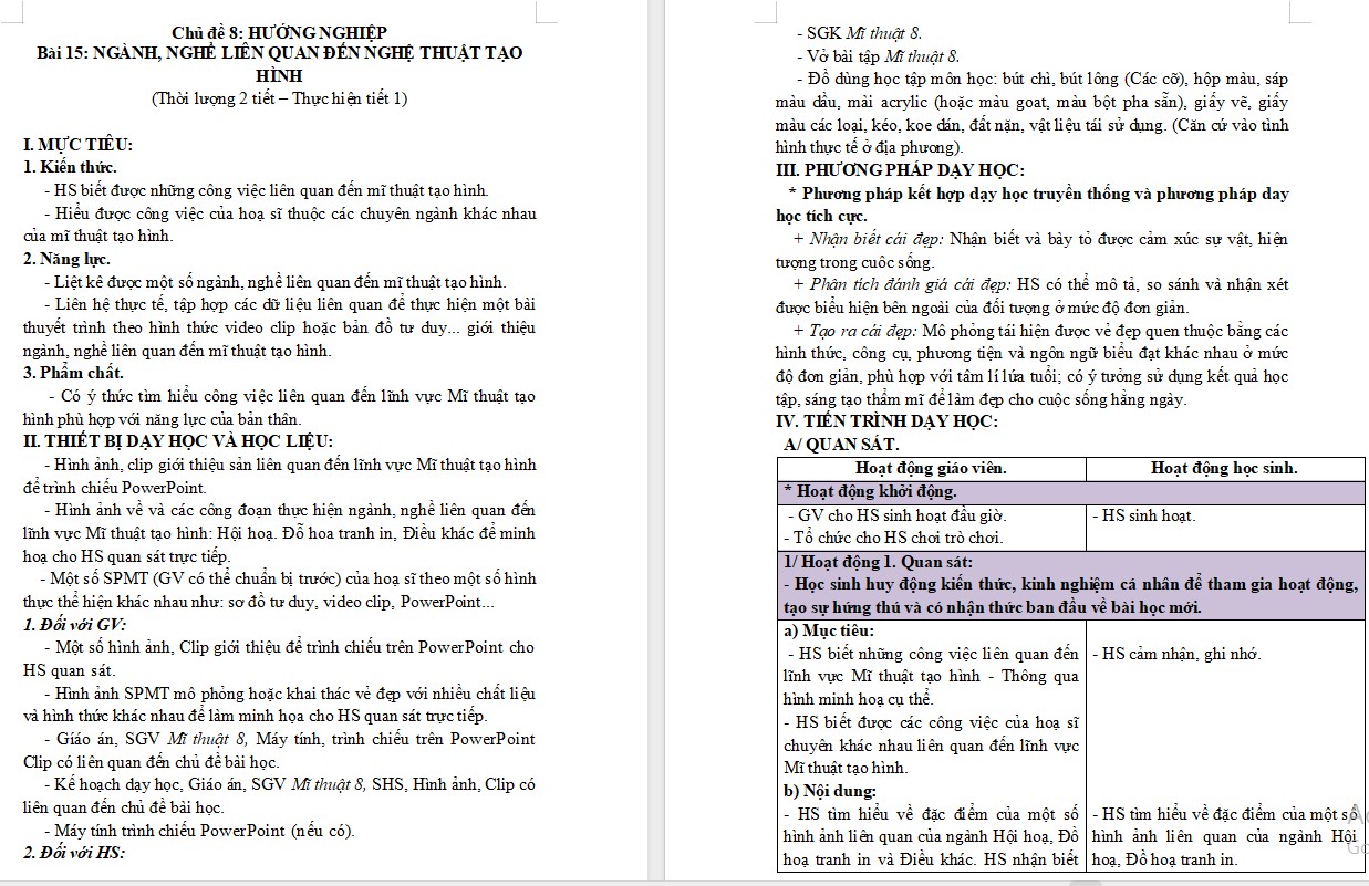 Kế hoạch bài dạy Mĩ thuật 8 KNTT Bài 15