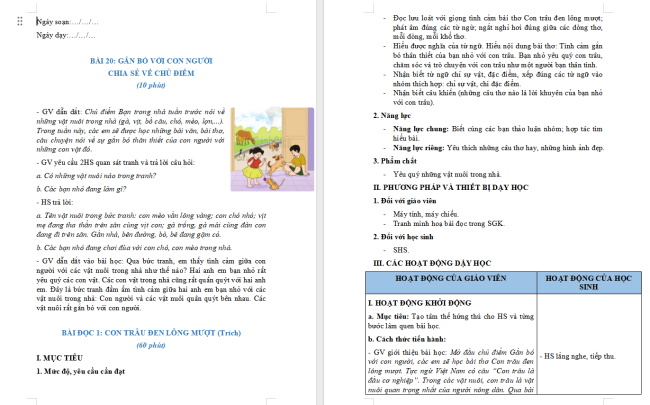 Giáo án Tiếng Việt 2 Bài 20: Con trâu đen lông mượt