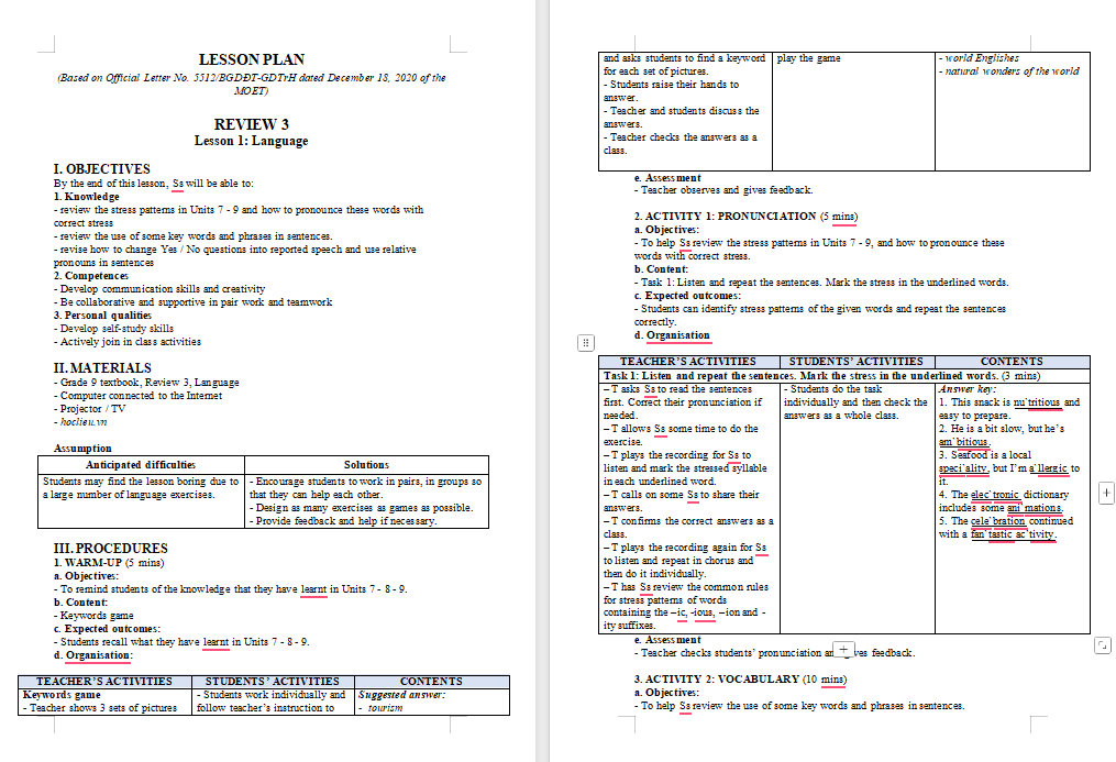 Tiếng Anh 8 Review 3: Language