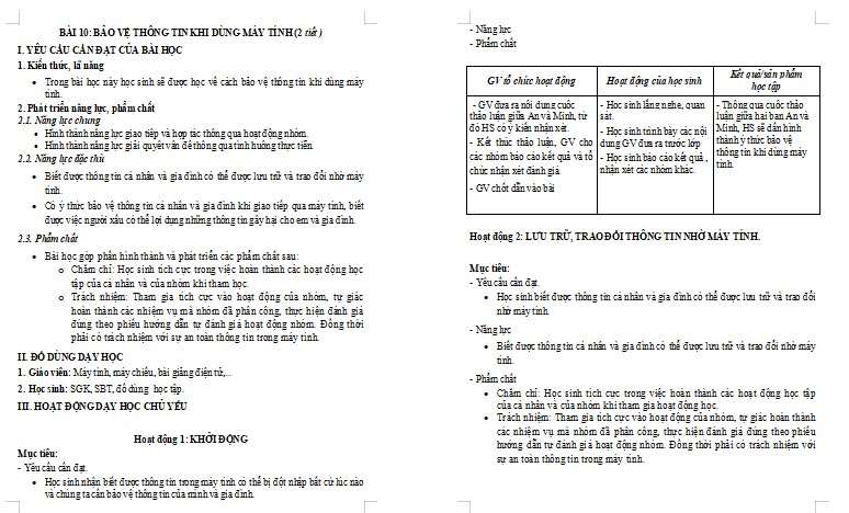 Giáo án Tin học lớp 3 Bài 10: Bảo vệ thông tin khi dùng máy tính