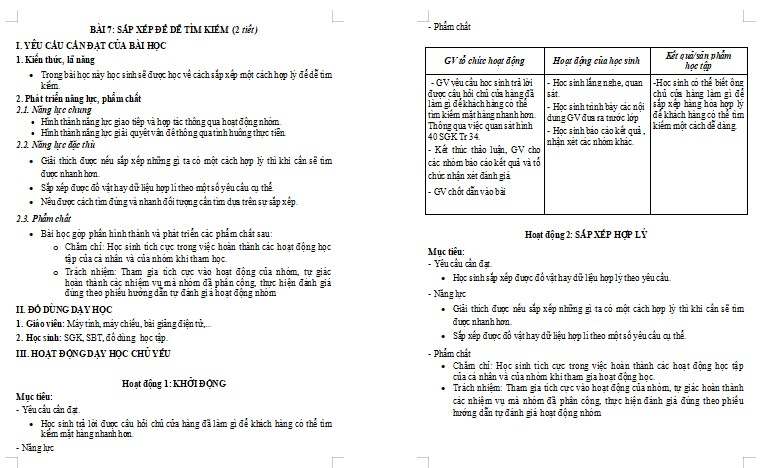 Giáo án Tin học lớp 3 Bài 7: Sắp xếp để dễ tìm