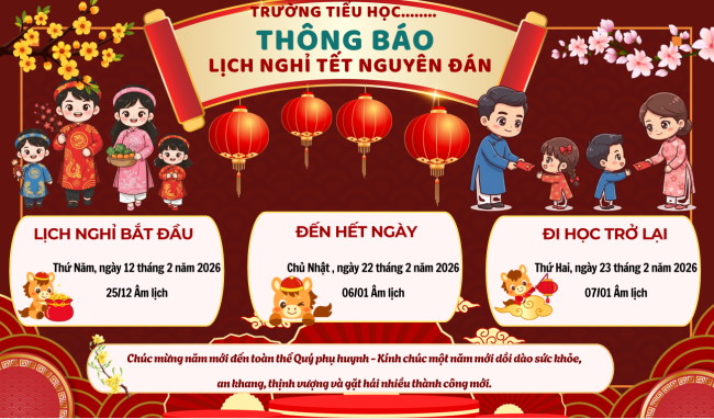 PowerPoint Thông báo lịch nghỉ Tết 2026 mẫu ngang